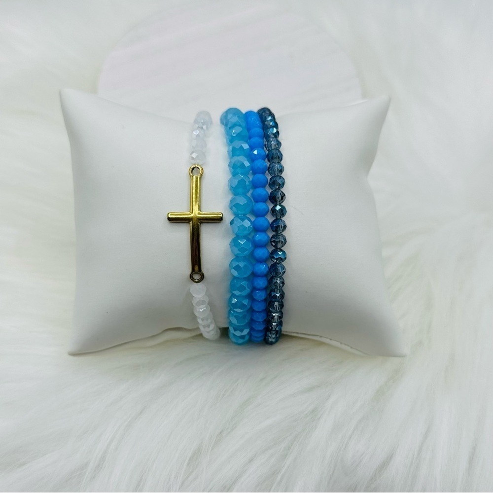 Stainless Steel Cross beaded Arm Candy Bracelet - Blue Sky Theme - Picture 2 of 8